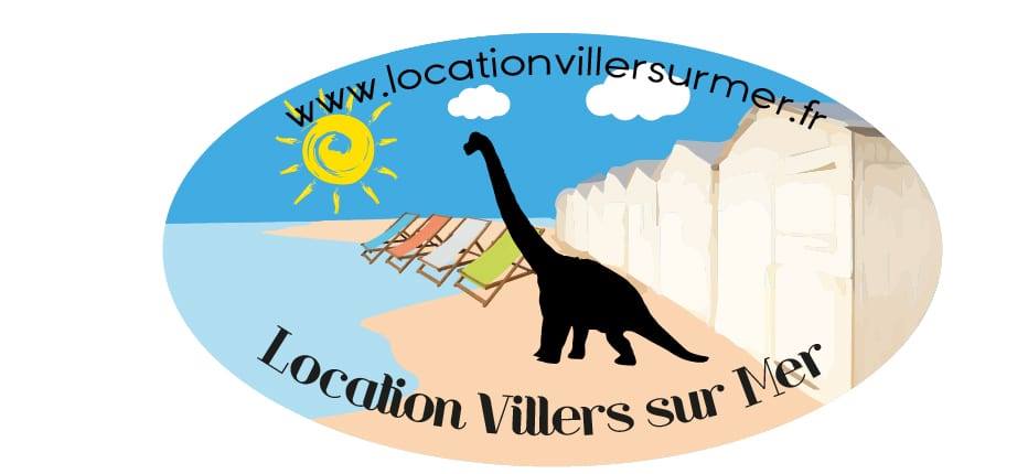 locationvillersurmer logo il représente notre diplodocus symbole de notre ville la plage et sont sable fin et c'est jolie cabines de plage